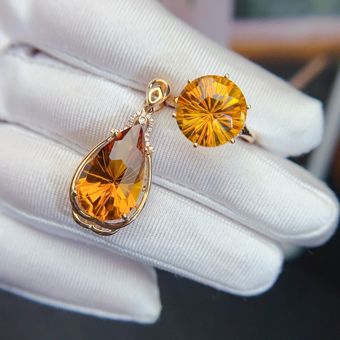 14k Gold 14.60 Ctw Natural Citrine & Diamond Jewelry Set - 3