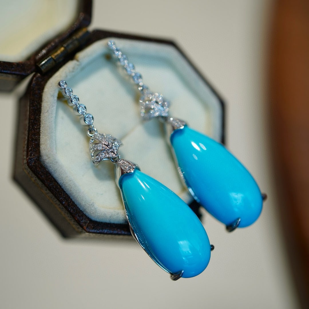 14k Gold 12.63 Ct Natural Blue Turquoise & Diamond Earrings - 2