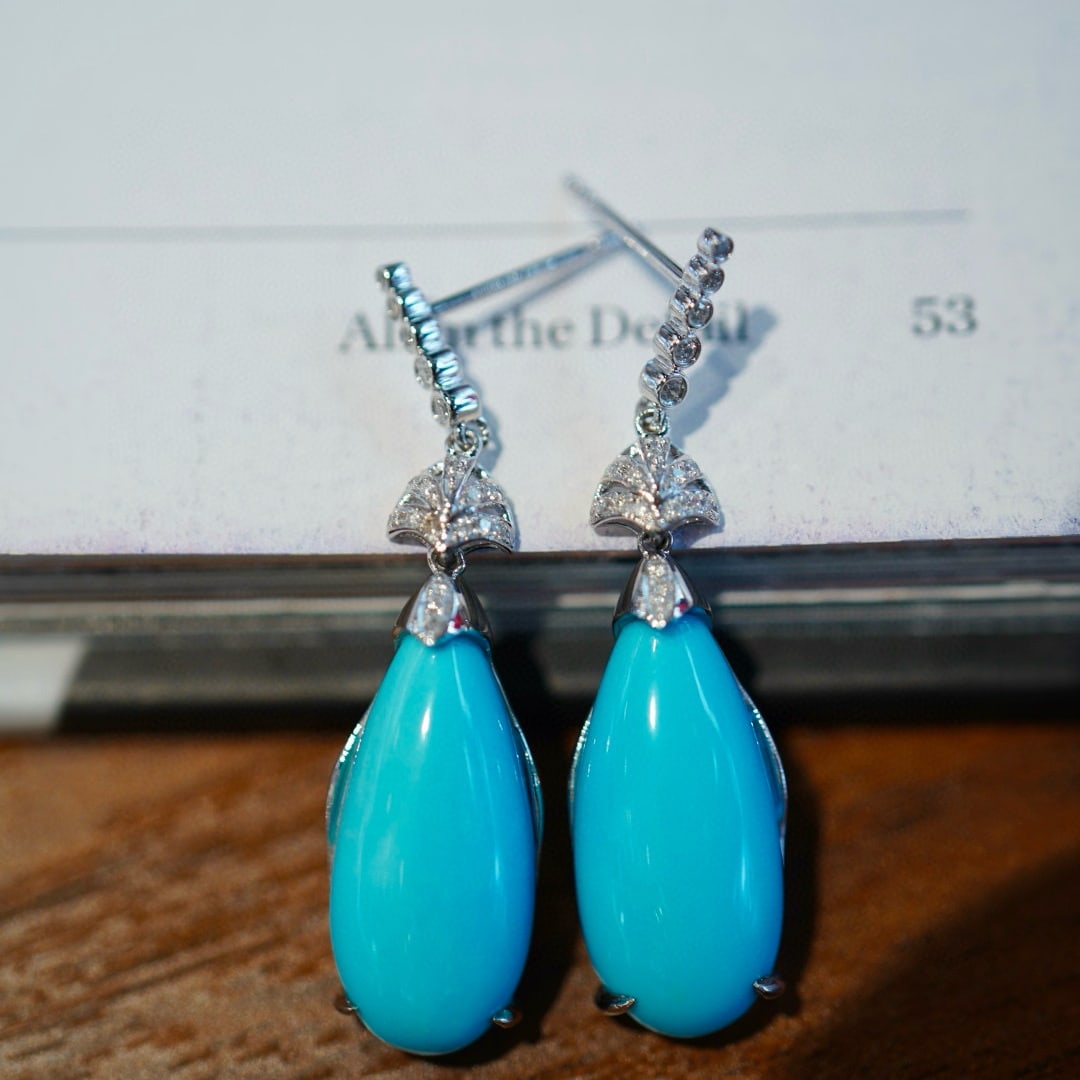 14k Gold 12.63 Ct Natural Blue Turquoise & Diamond Earrings - 3
