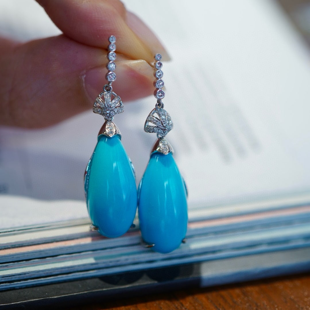 14k Gold 12.63 Ct Natural Blue Turquoise & Diamond Earrings - 5