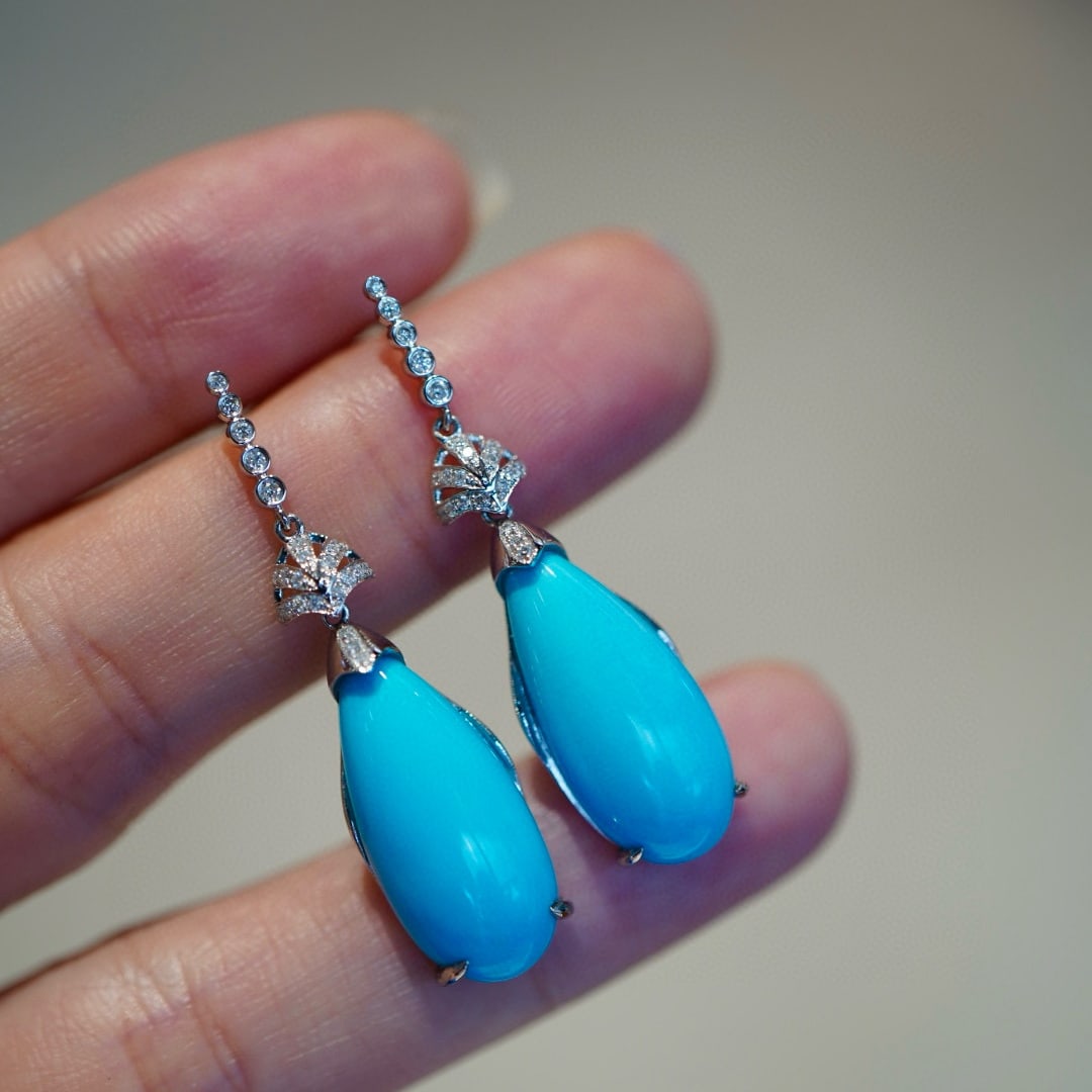 14k Gold 12.63 Ct Natural Blue Turquoise & Diamond Earrings - 8