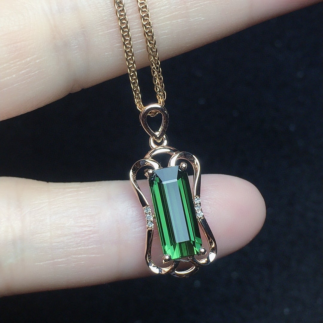 14k Gold 1.7 Ct Natural Tourmaline & Diamond Pendant( Without Chain ) - 2