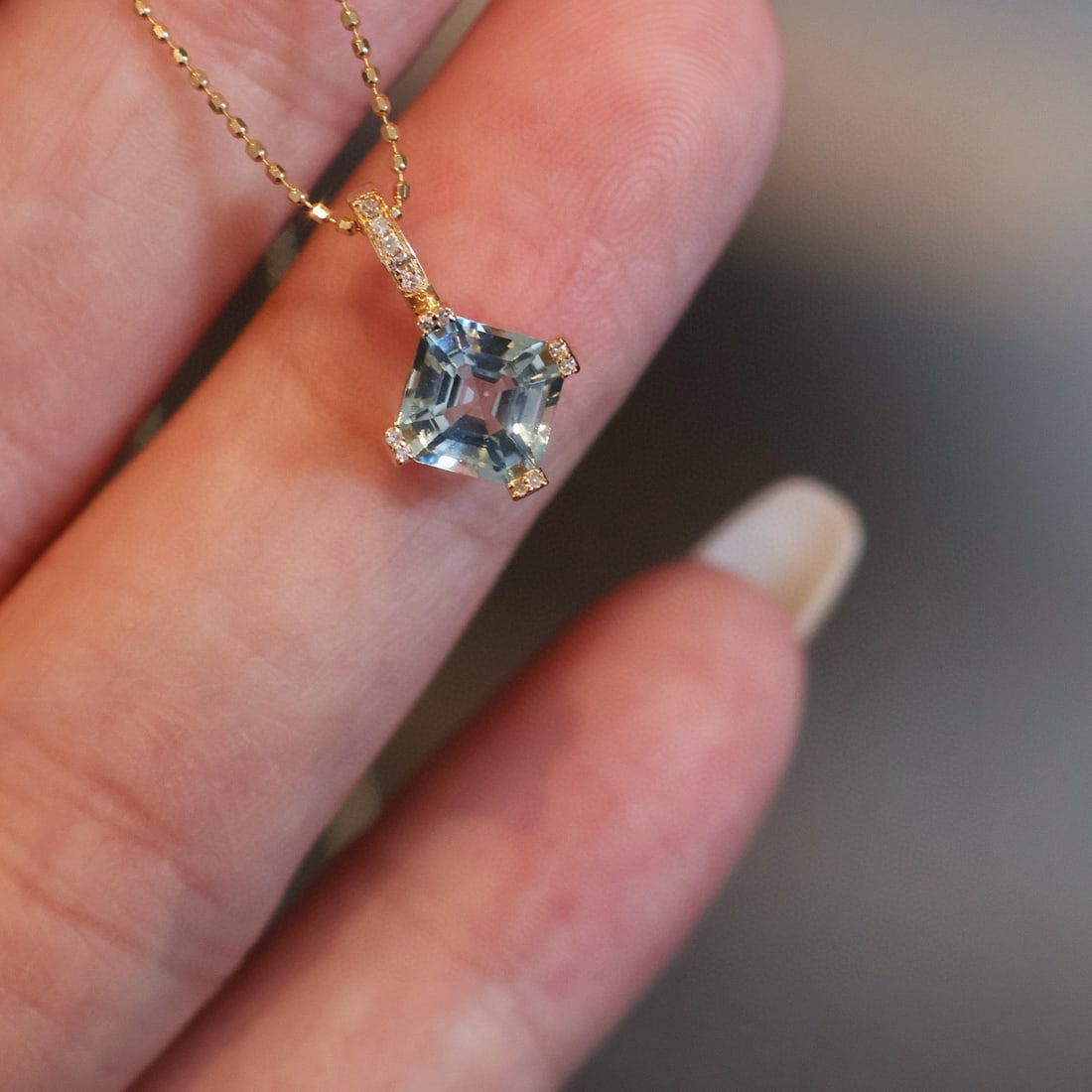 14k Gold 1.2 Ct Natural Aquamarine & Diamond Pendant( Without Chain ) - 4