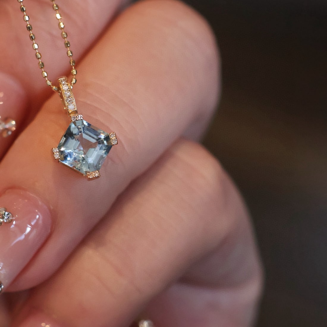 14k Gold 1.2 Ct Natural Aquamarine & Diamond Pendant( Without Chain ) - 5