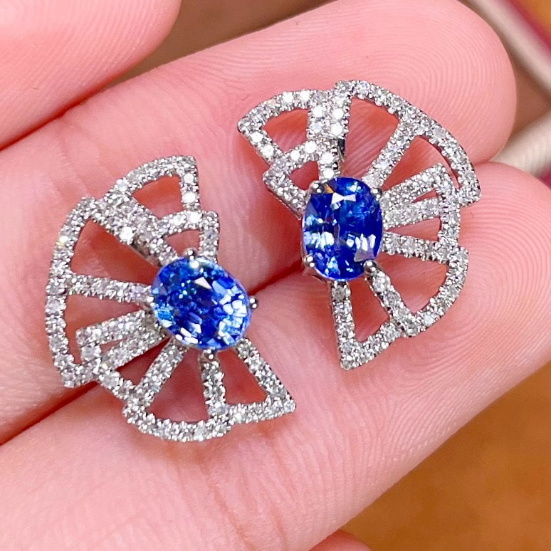 14k Gold 1 Ct Natural Sapphire & Diamond Earrings - 3