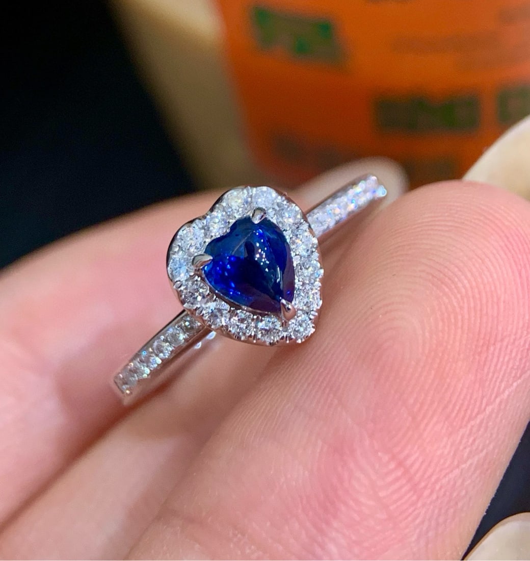 14k Gold 0.74 Ctw Natural Sapphire & Diamond Ring: Ref:231080409 // gold content:14k gold // ring size:7. 25us // // main gemstone:sapphire // shape:heart // carat weight:0. 53ct // color:blue // treatment:natural // // adjacent gemstone 2 : diamond