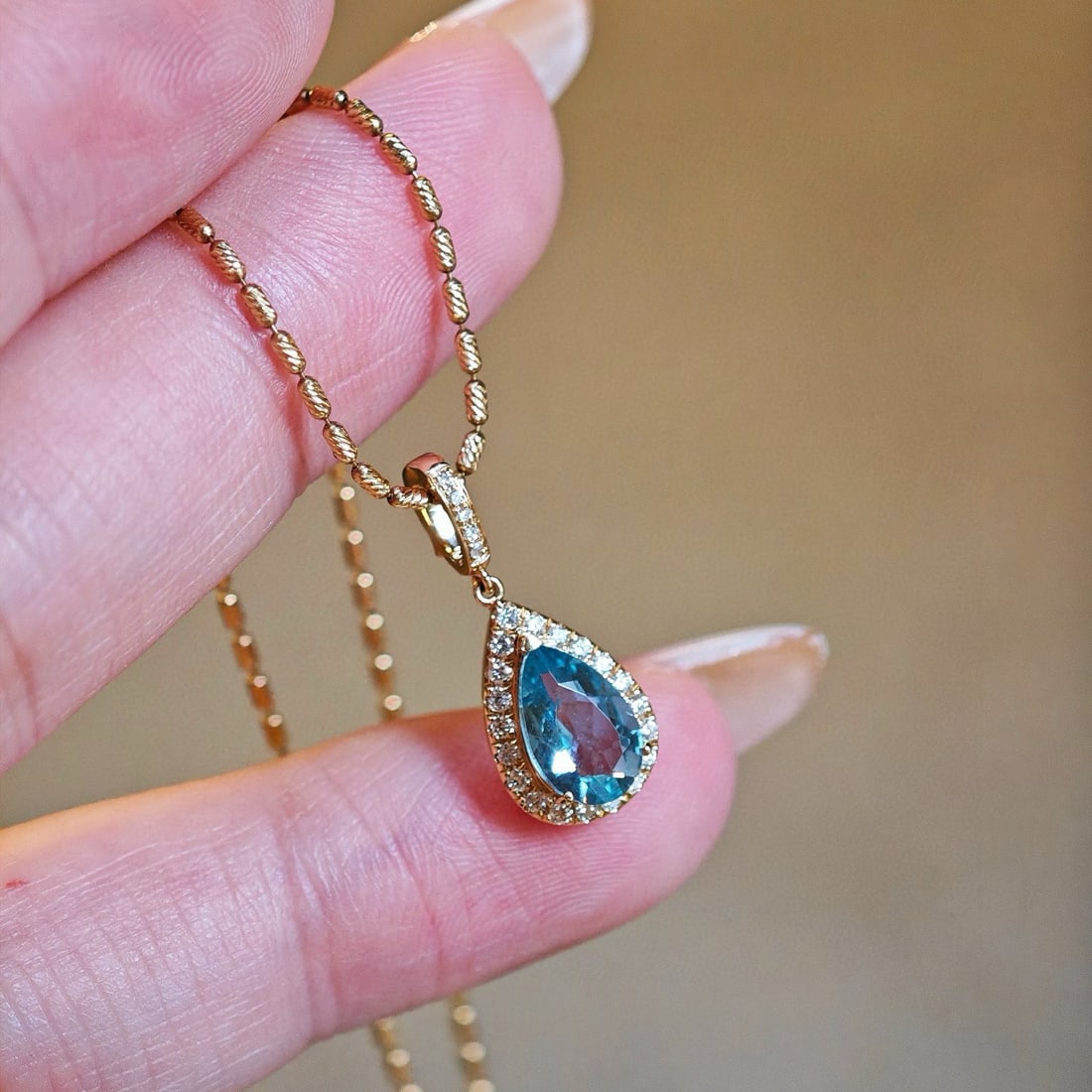 14k Gold 1 Ct Natural Aquamarine & Diamond Pendant( Without Chain ) - 2