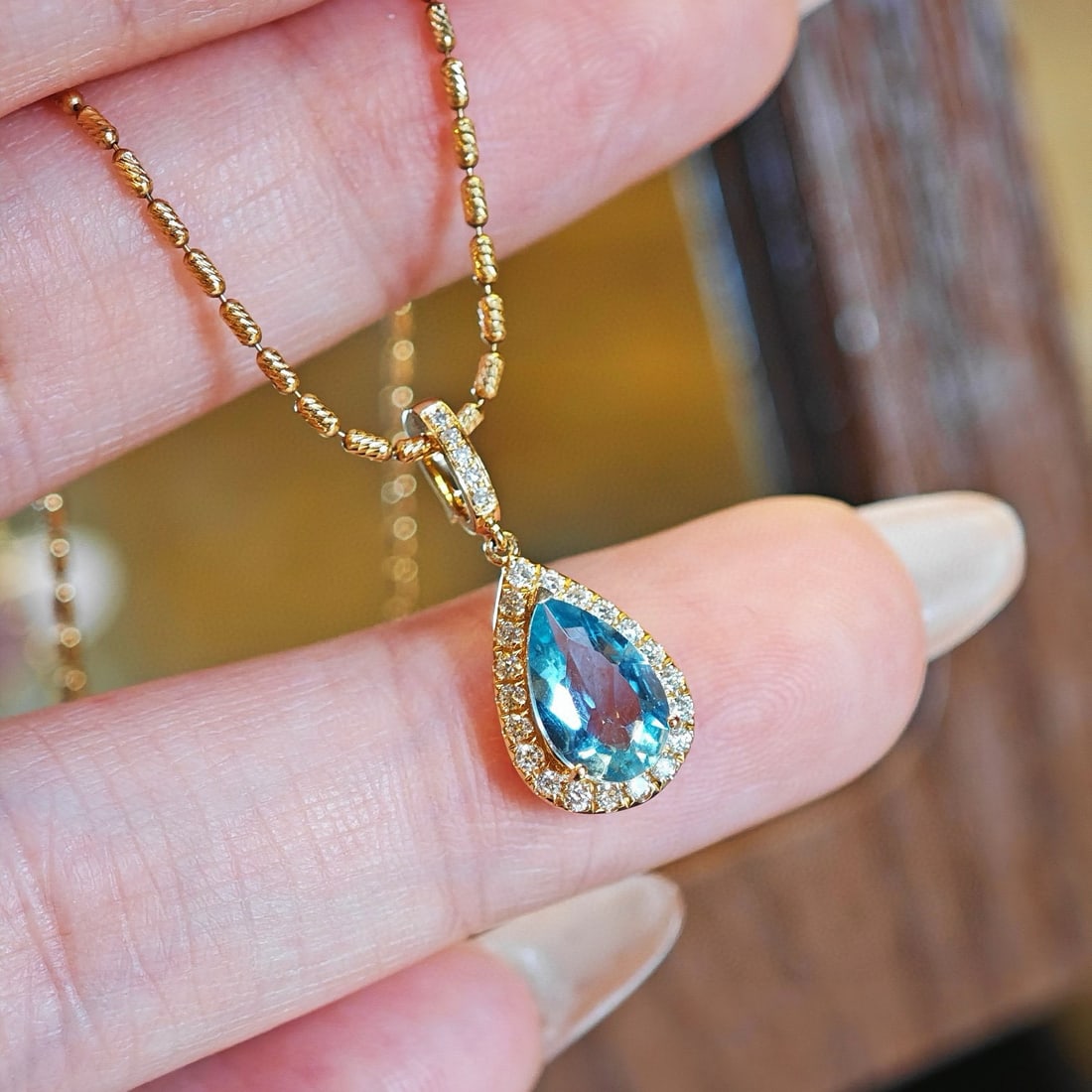 14k Gold 1 Ct Natural Aquamarine & Diamond Pendant( Without Chain ) - 4