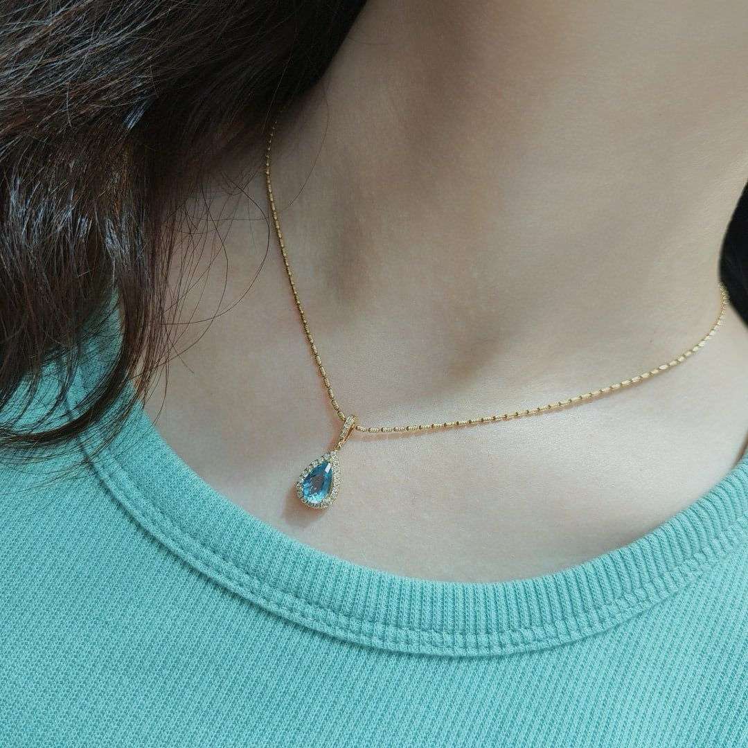 14k Gold 1 Ct Natural Aquamarine & Diamond Pendant( Without Chain ) - 8