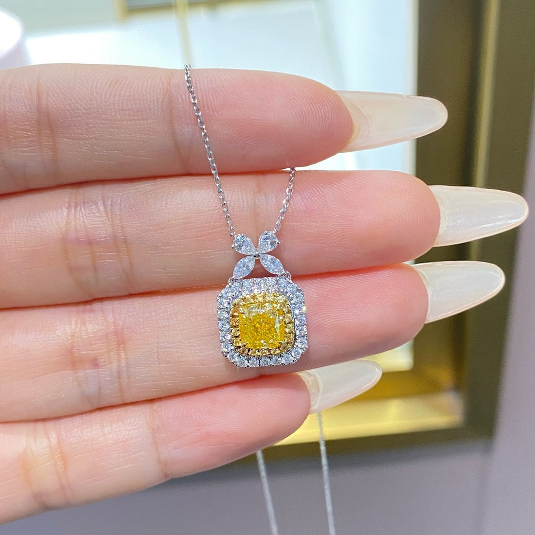 14k Gold 1.87 Ctw Natural Yellow Diamond & Diamond Necklace: Ref:231080420 // gold content:14k gold // main gemstone:yellow diamond // shape:cushion // carat weight:1. 24ct // color:yellow // treatment:natural // // adjacent gemstone 2 : diamond //