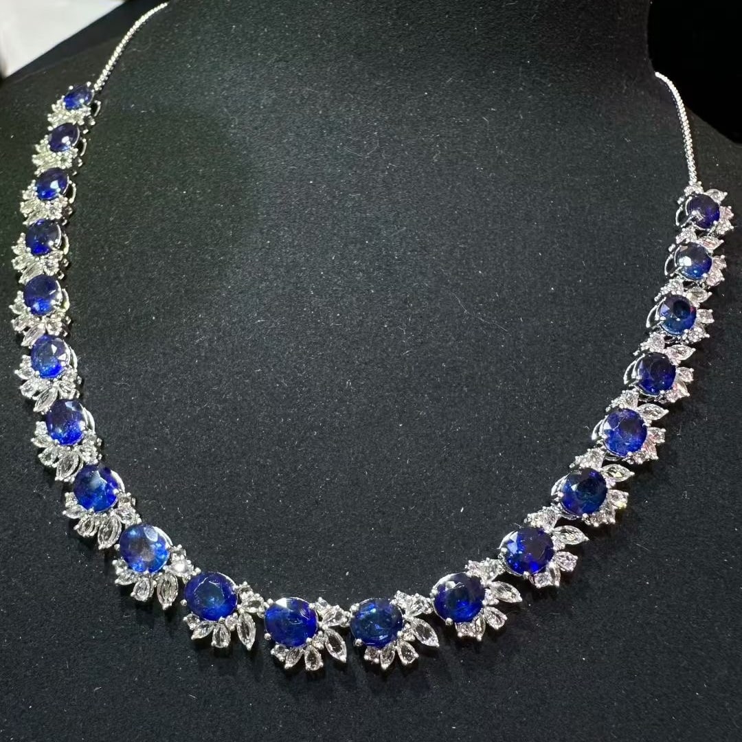 14k Gold 18.85 Ct Vivid Blue Natural Sapphire & Sapphire Necklace - 2