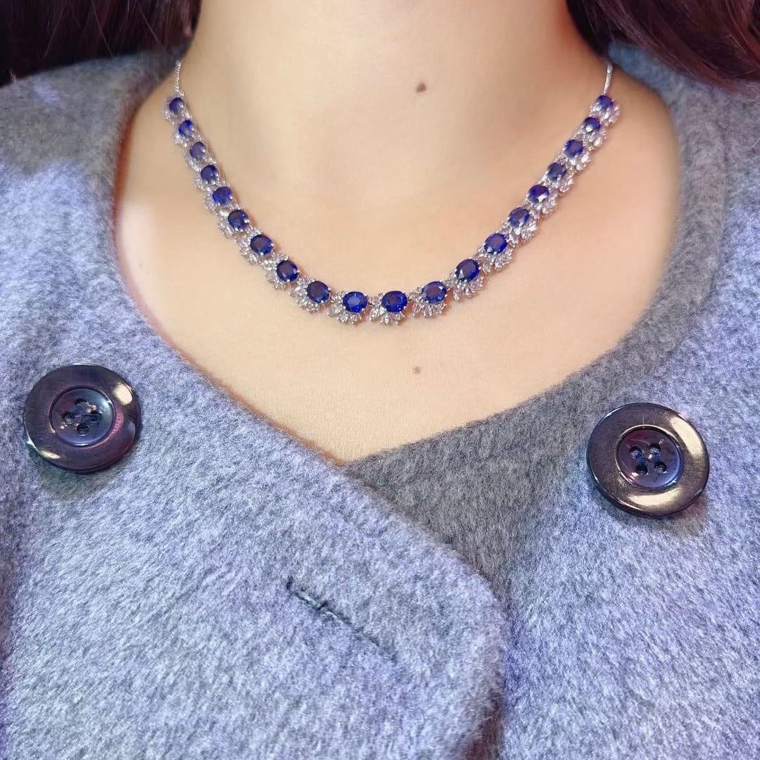 14k Gold 18.85 Ct Vivid Blue Natural Sapphire & Sapphire Necklace - 4