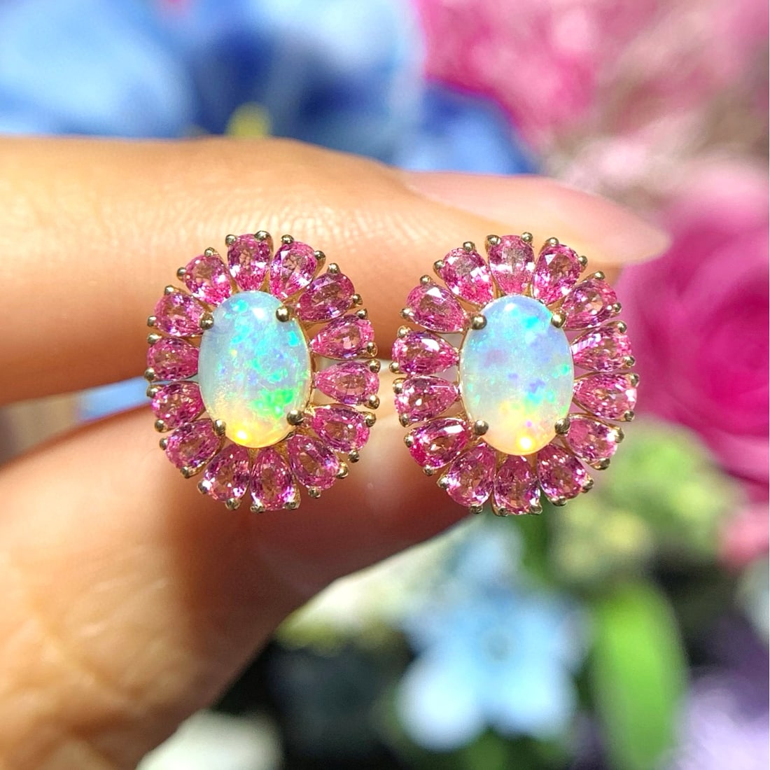 14k Gold 2.89 Ctw Natural Opal & Sapphire Earrings - 3