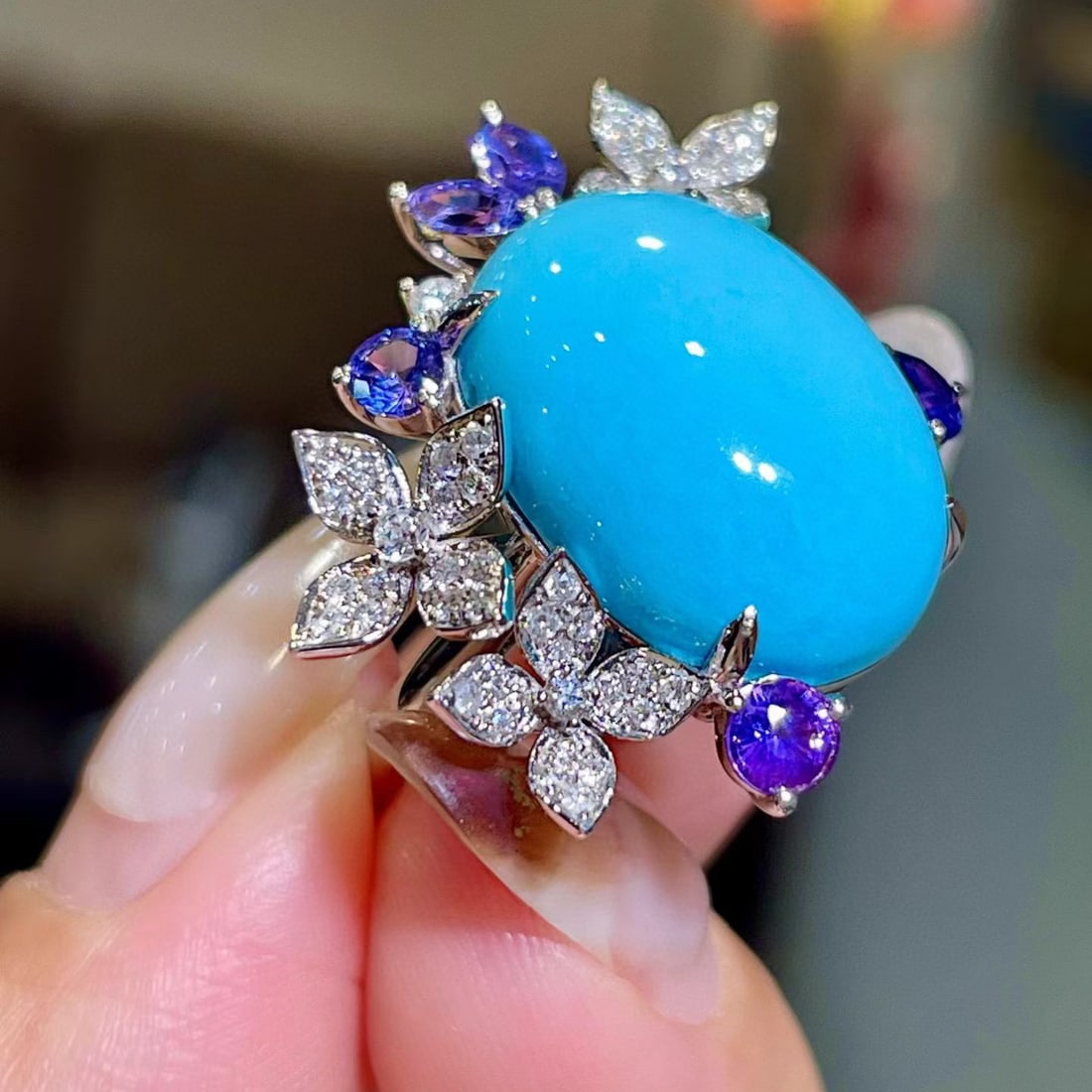 14k Gold 11.95 Ctw Natural Blue Turquoise & Sapphire Ring - 2