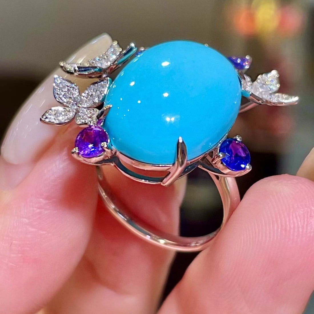 14k Gold 11.95 Ctw Natural Blue Turquoise & Sapphire Ring - 3