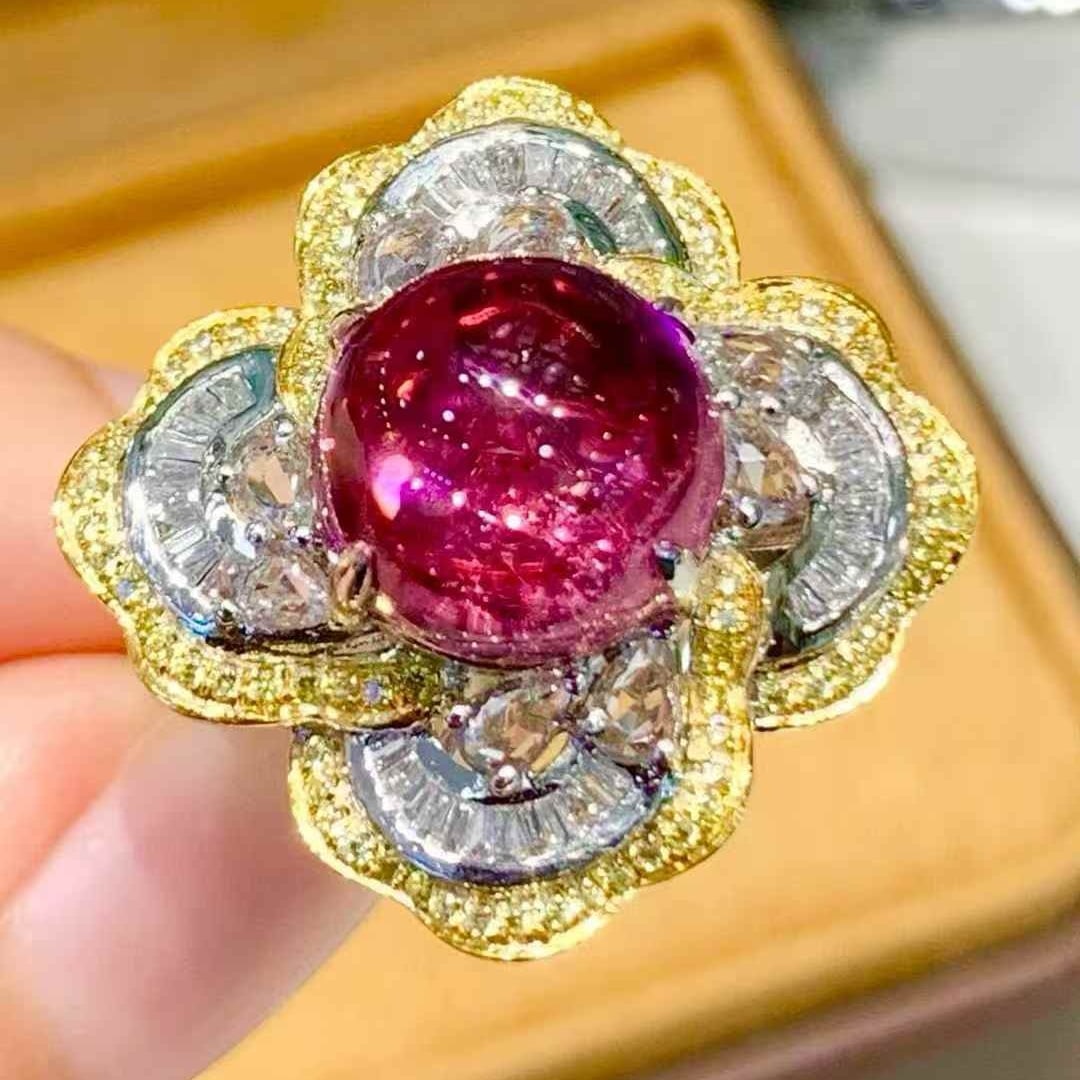 14k Gold 5.3 Ct Natural Tourmaline & Diamond & Sapphire Ring: Ref:231085091 // gold content:14k gold // ring size:7. 25us // // main gemstone:tourmaline // shape:round // carat weight:5. 3ct // color:red // treatment:natural // cut grade:g // // adjacent gemston