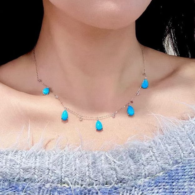 14k Gold 3.40 Ctw Natural Blue Turquoise & Diamond Necklace - 2