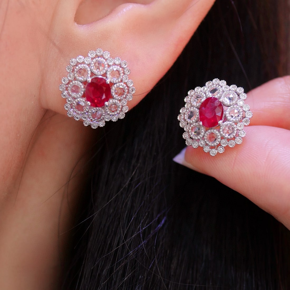 14k Gold 1.45 Ct Natural Ruby & Diamond & Sapphire Earrings - 2