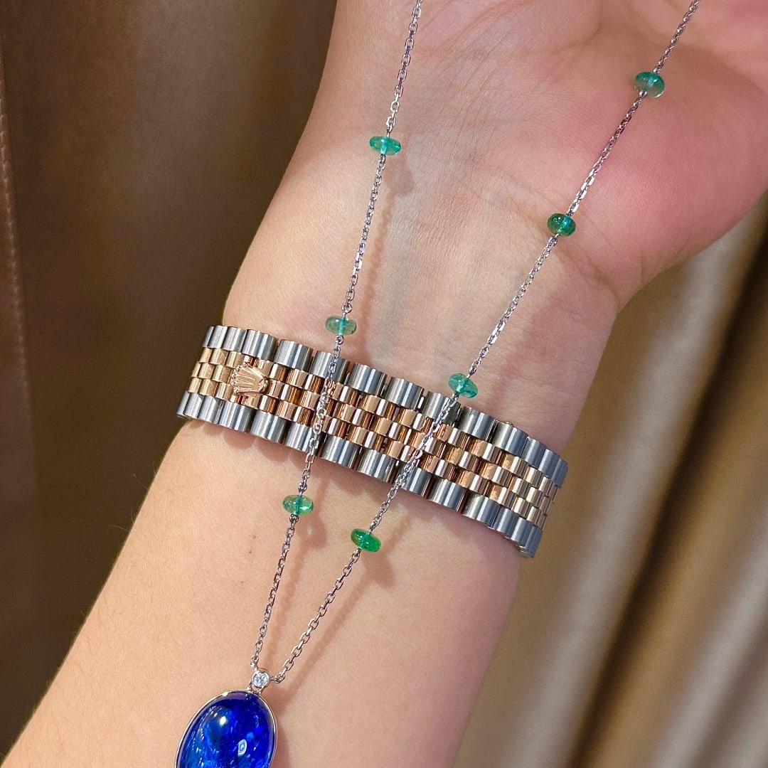 14k Gold 16.70 Ctw Natural Tanzanite & Emerald Necklace - 7
