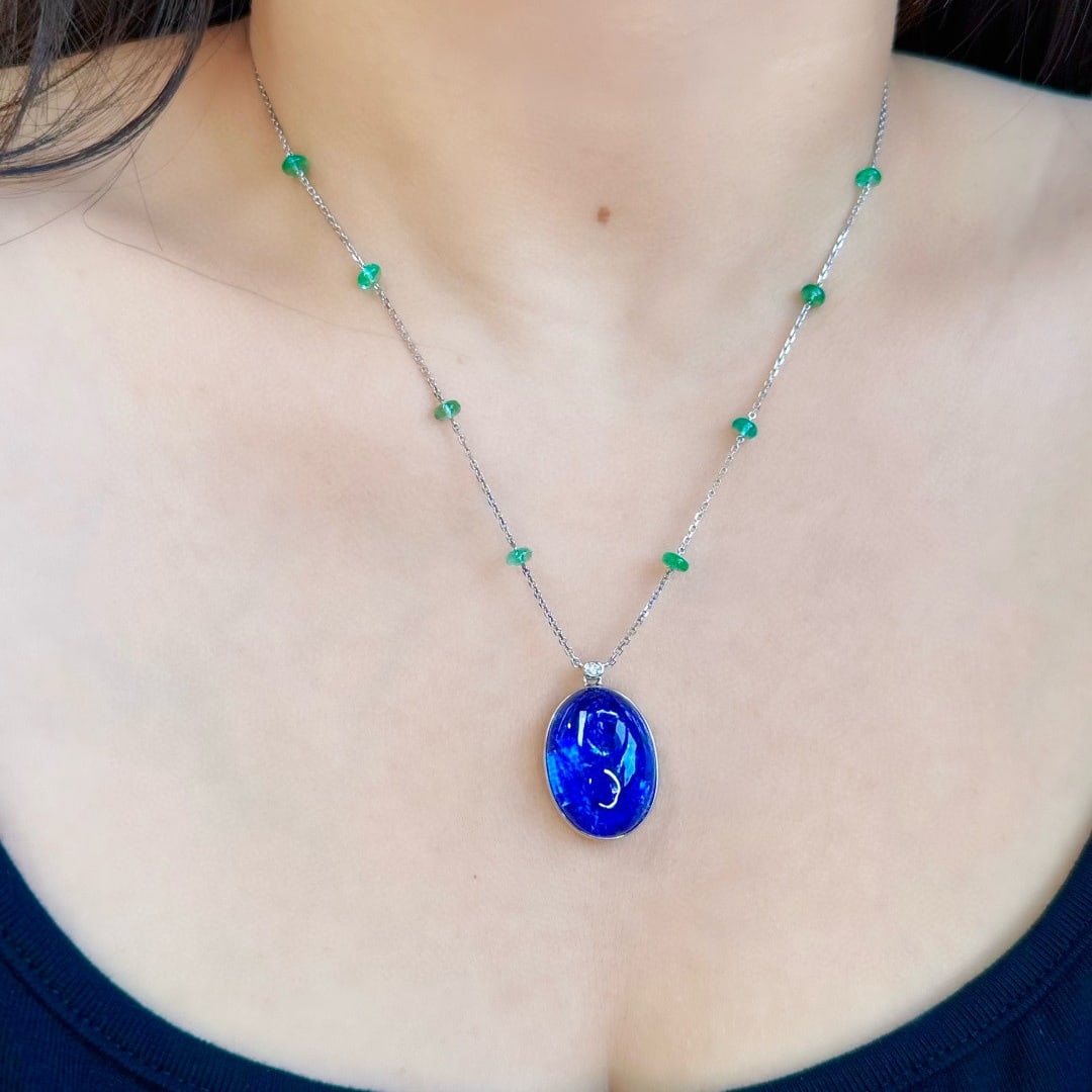 14k Gold 16.70 Ctw Natural Tanzanite & Emerald Necklace - 8