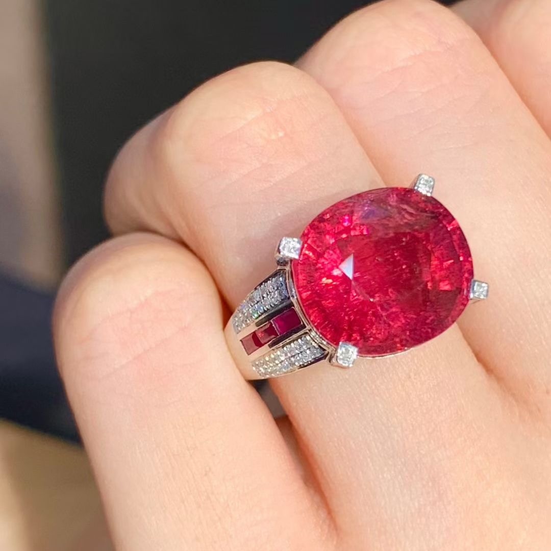 14k Gold 9.6 Ct Natural Tourmaline & Diamond & Ruby Ring - 2