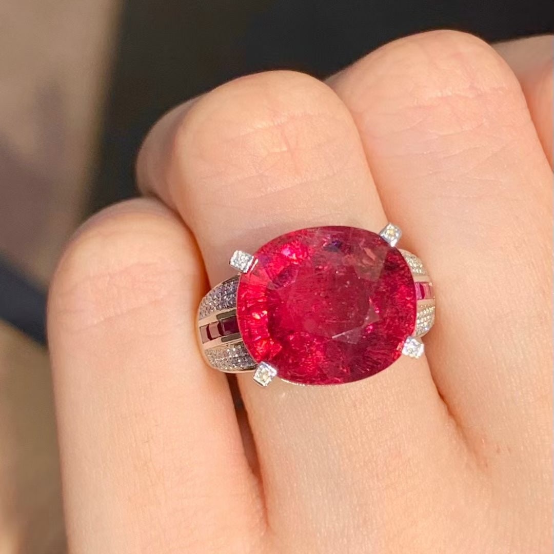 14k Gold 9.6 Ct Natural Tourmaline & Diamond & Ruby Ring - 5