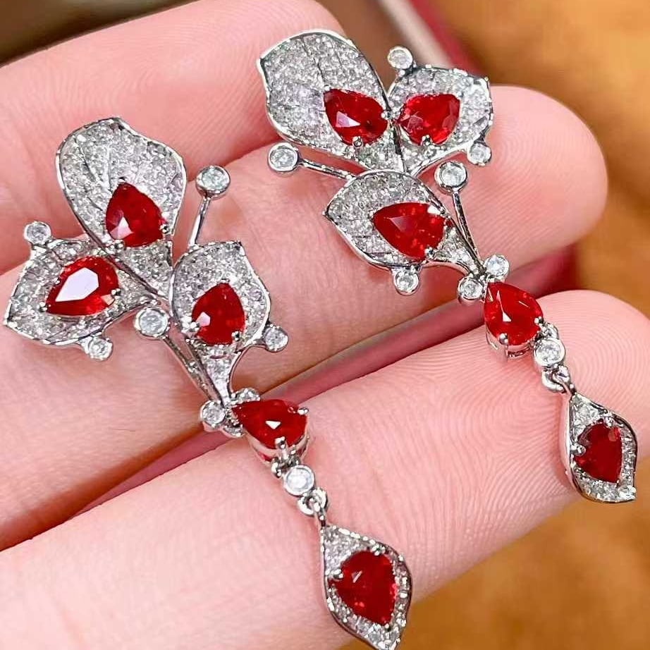 14k Gold 2.1 Ct Natural Ruby & Diamond Earrings - 2
