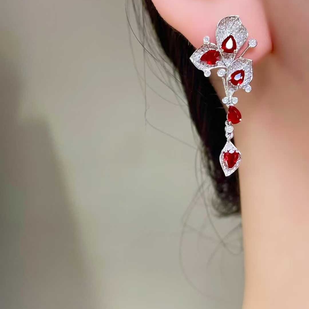 14k Gold 2.1 Ct Natural Ruby & Diamond Earrings - 4
