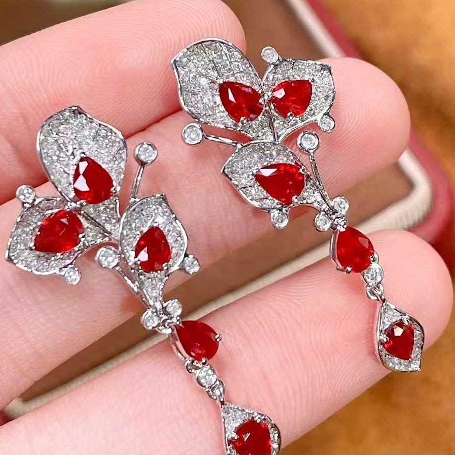 14k Gold 2.1 Ct Natural Ruby & Diamond Earrings - 5