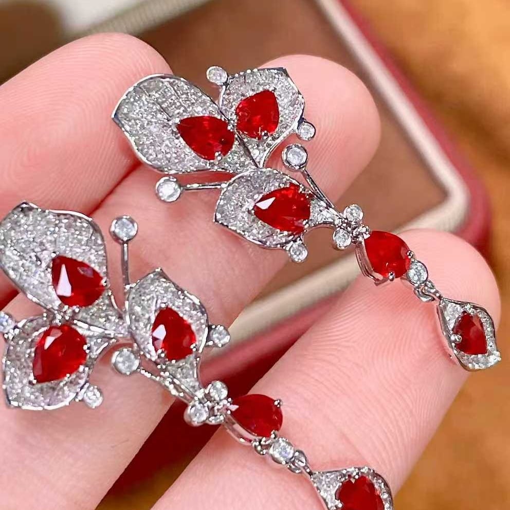 14k Gold 2.1 Ct Natural Ruby & Diamond Earrings - 6
