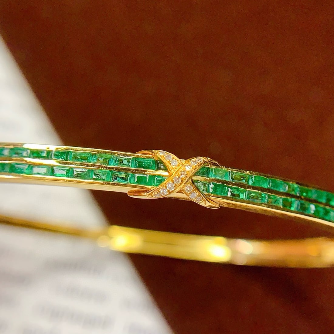 14k Gold 4.8 Ct Natural Emerald & Diamond Bangle - 2