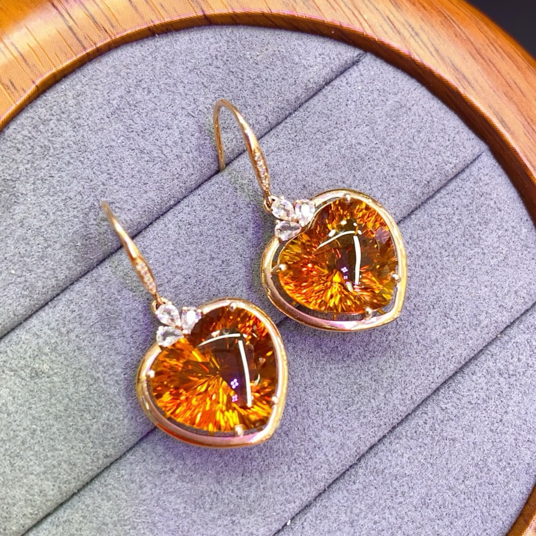 14k Gold 14.9 Ct Natural Citrine & Diamond & Sapphire Earrings - 2