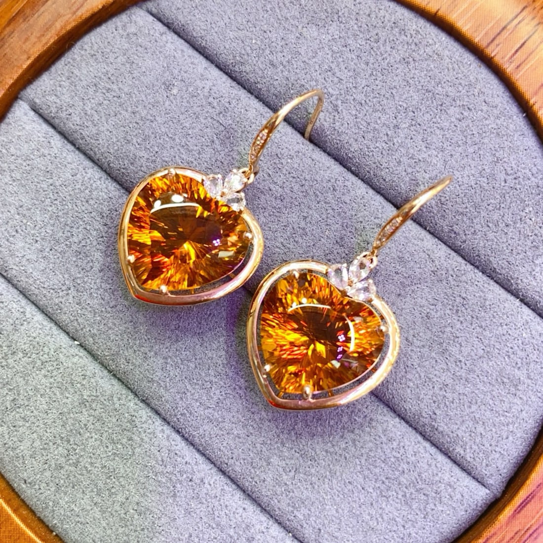 14k Gold 14.9 Ct Natural Citrine & Diamond & Sapphire Earrings - 3