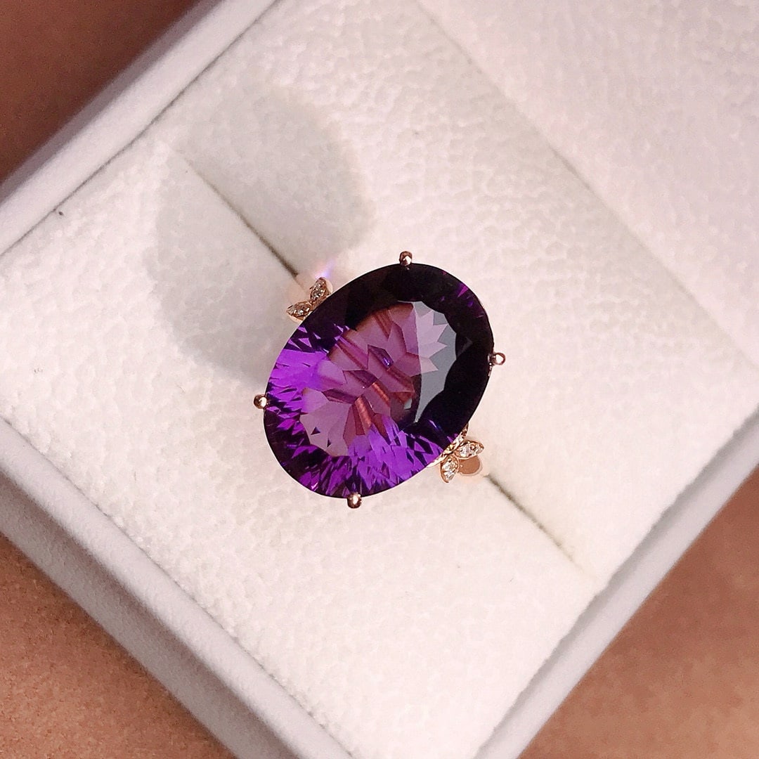 14k Gold 7.10 Ctw Natural Amethyst & Diamond Ring: Ref:231085223 // gold content:14k gold // ring size:7. 25us // // main gemstone:amethyst // shape:oval // carat weight:7. 05ct // color:purple // treatment:natural // // adjacent gemstone 2 : diamond