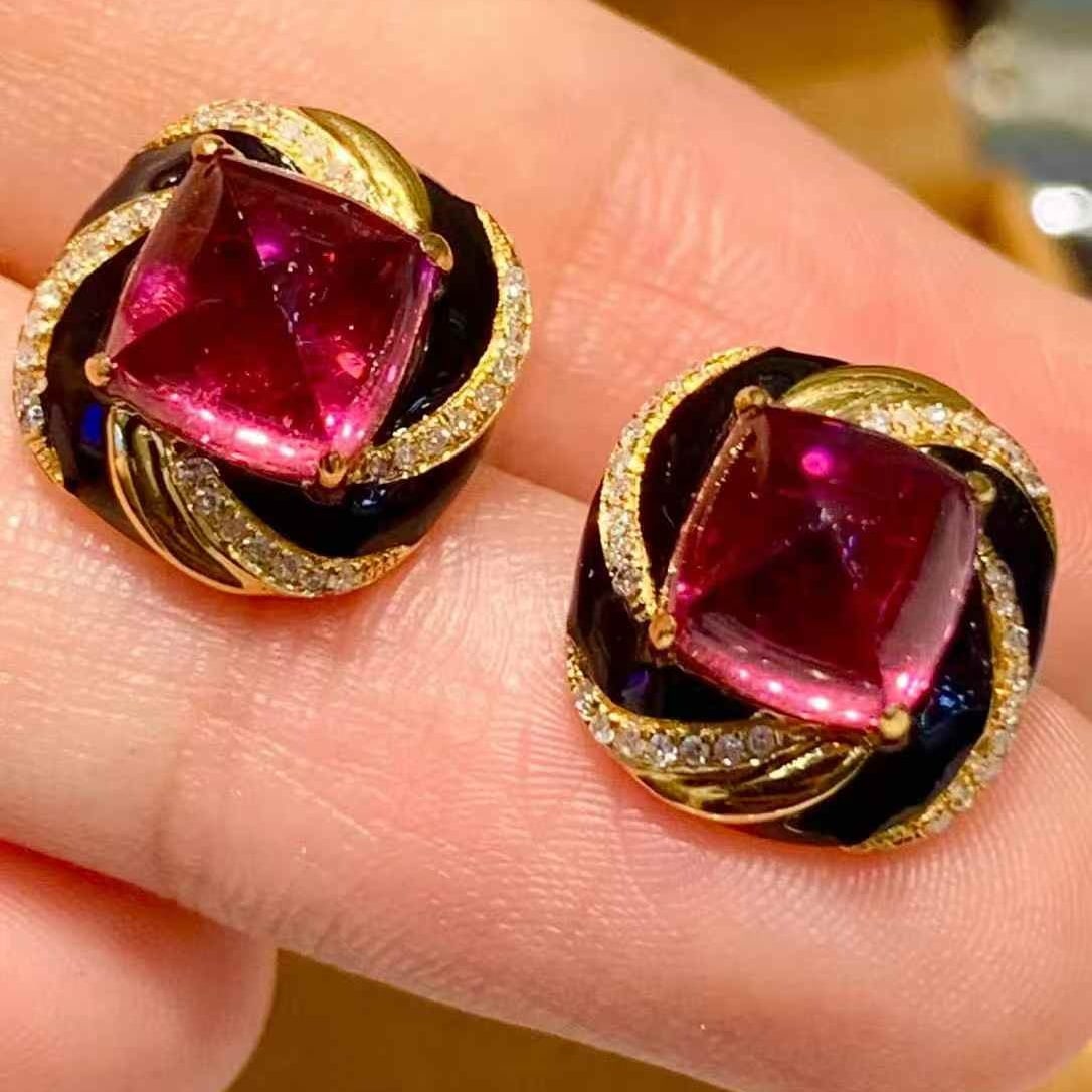 14k Gold 5.7 Ct Natural Tourmaline & Diamond Earrings - 6