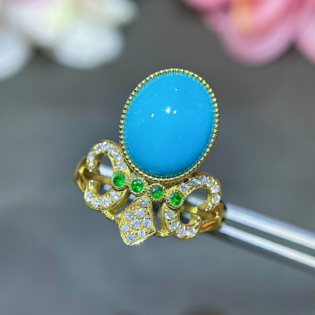 14k Gold 2.81 Ctw Natural Blue Turquoise & Diamond Ring - 2