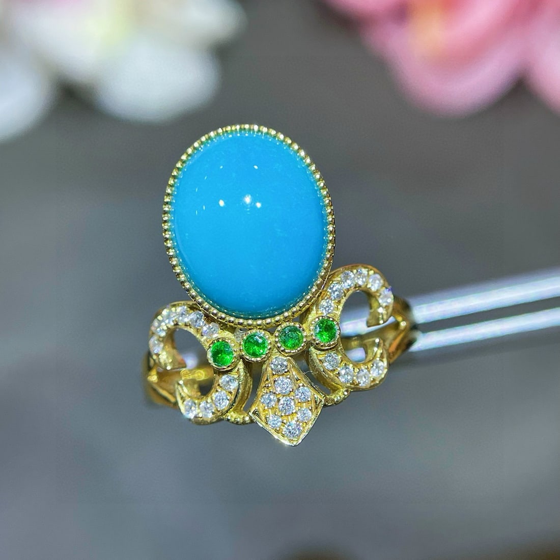 14k Gold 2.81 Ctw Natural Blue Turquoise & Diamond Ring - 3