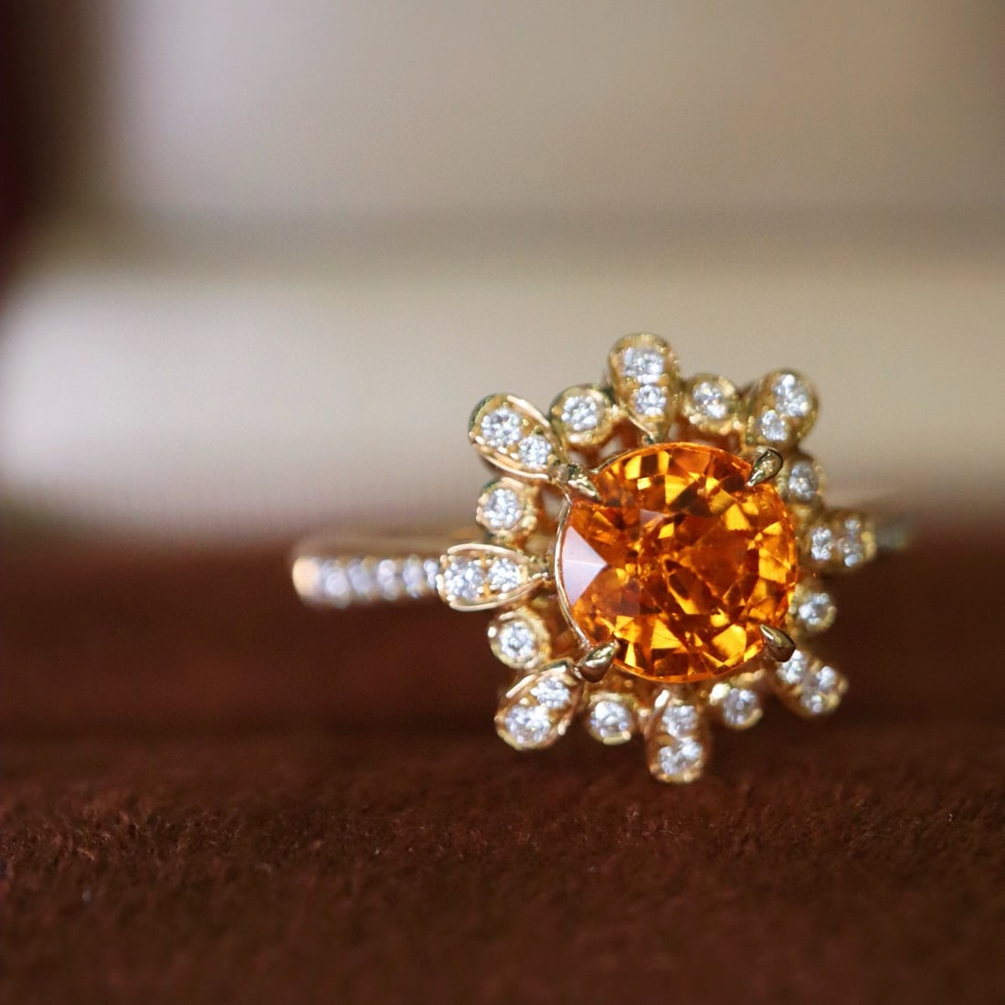 14k Gold 1.80 Ctw Natural Spessartine & Diamond Ring: Ref:231086049 // gold content:14k gold // ring size:7. 25us // // main gemstone:spessartine // shape:round // carat weight:1. 61ct // color:orange // treatment:natural // cut grade:g // // adjacent