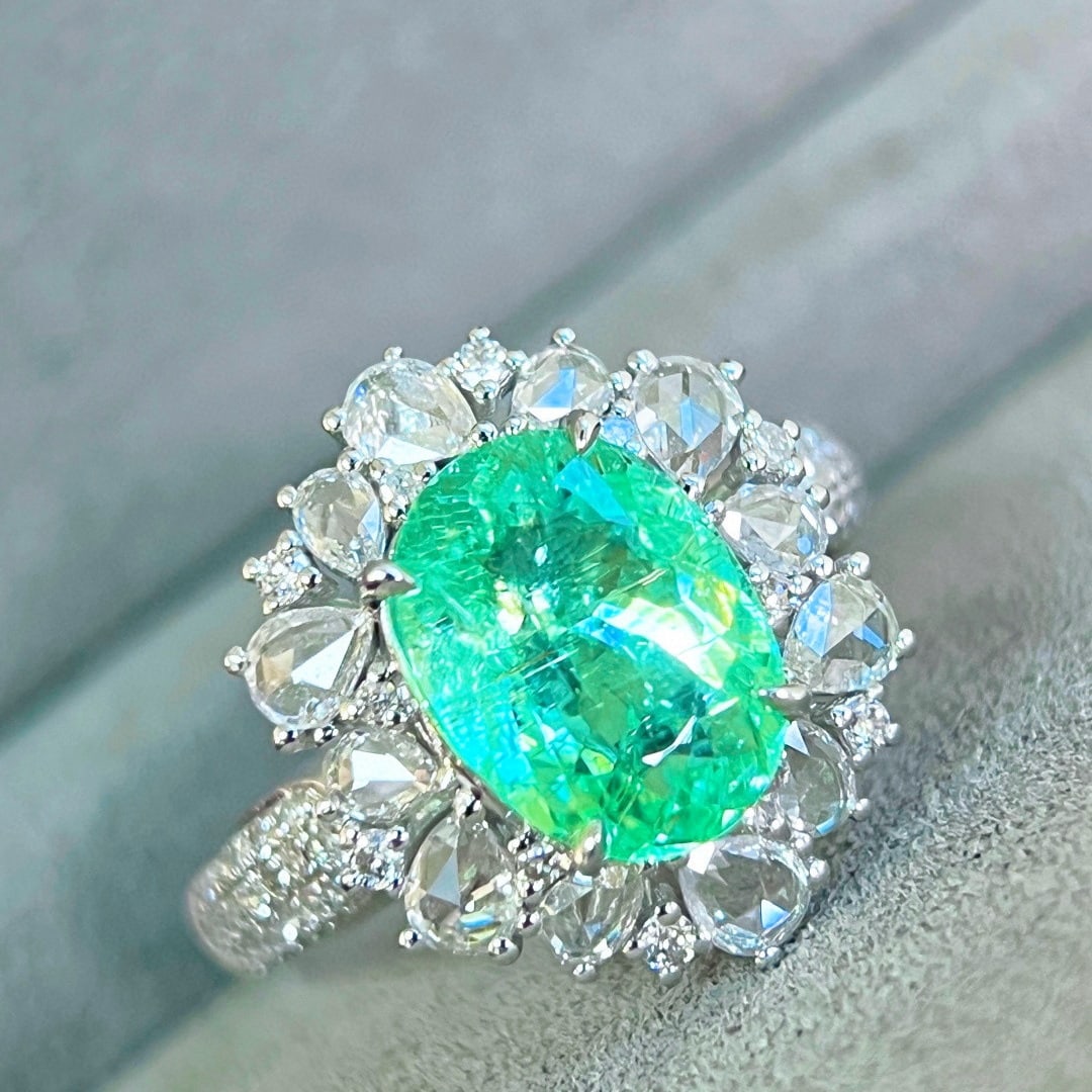 14k Gold 3.36 Ctw Natural Paraiba Tourmaline & Diamond Ring/pendant( Without Chain ): Ref:231086115 // gold content:14k gold // ring size:7. 25us // // main gemstone:paraiba tourmaline // shape:oval // carat weight:2. 18ct // color:green // treatment:natural // // adjacent gemstone 2