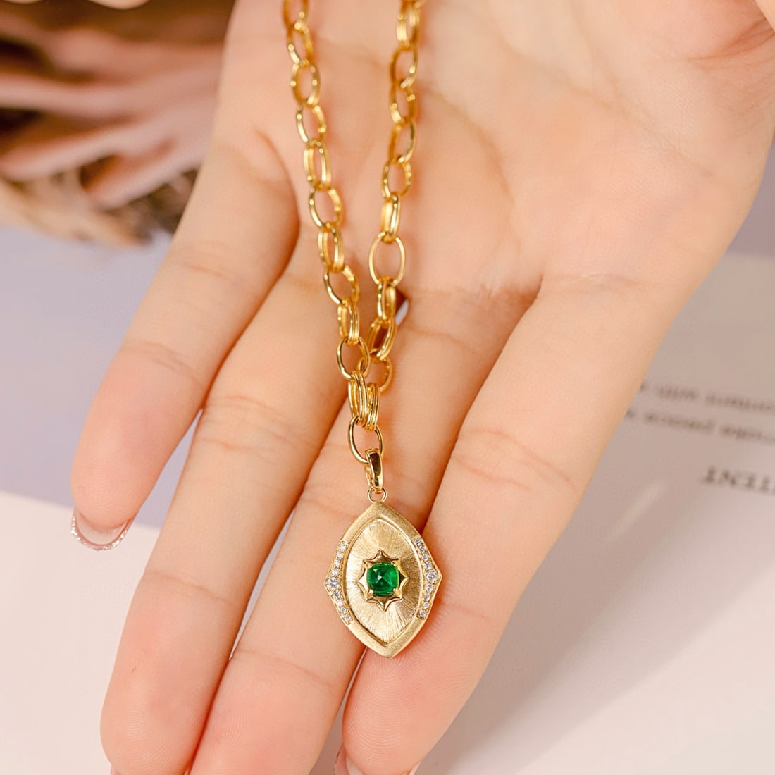 14k Gold 0.41 Ctw Vivid Green Natural Emerald & Diamond Pendant( Without Chain ) - 3