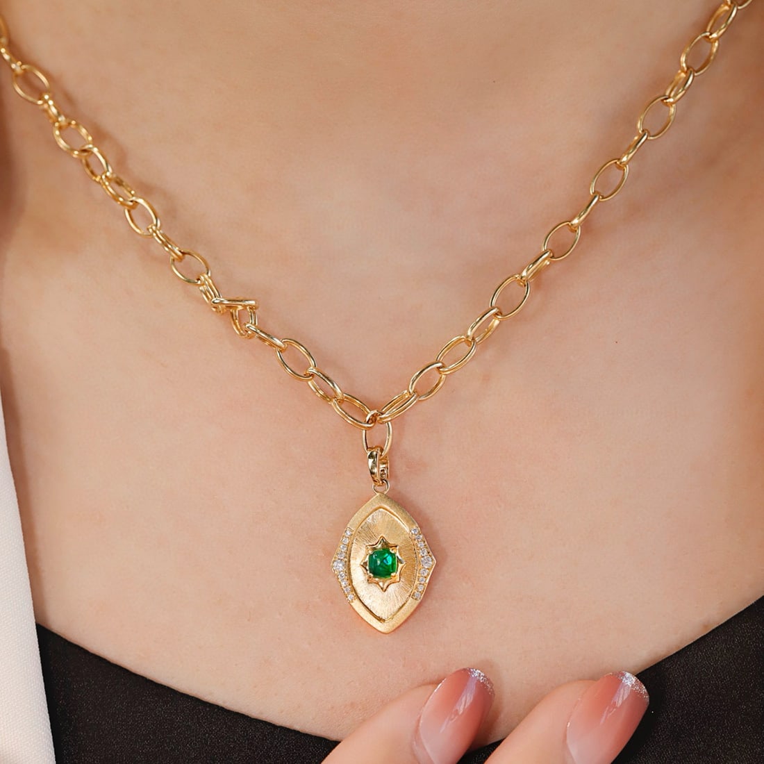 14k Gold 0.41 Ctw Vivid Green Natural Emerald & Diamond Pendant( Without Chain ) - 7