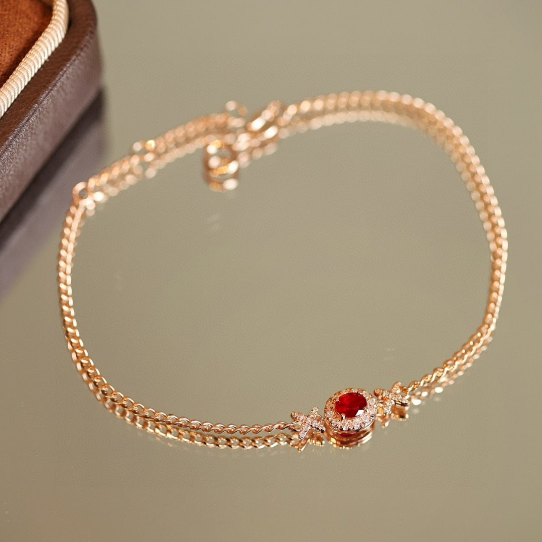 14k Gold 0.35 Ct Natural Ruby & Diamond Bracelet: Ref:231086152 // gold content:14k gold // main gemstone:ruby // shape:oval // carat weight:0. 35ct // color:pigeonblood red // treatment:natural // // adjacent gemstone 2 : diamond // shape:round //