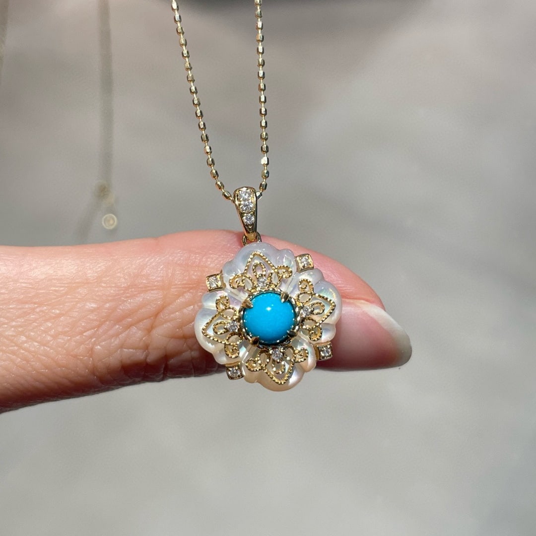 14k Gold 0.55 Ct Natural Blue Turquoise & Diamond Pendant( Without Chain ) - 5