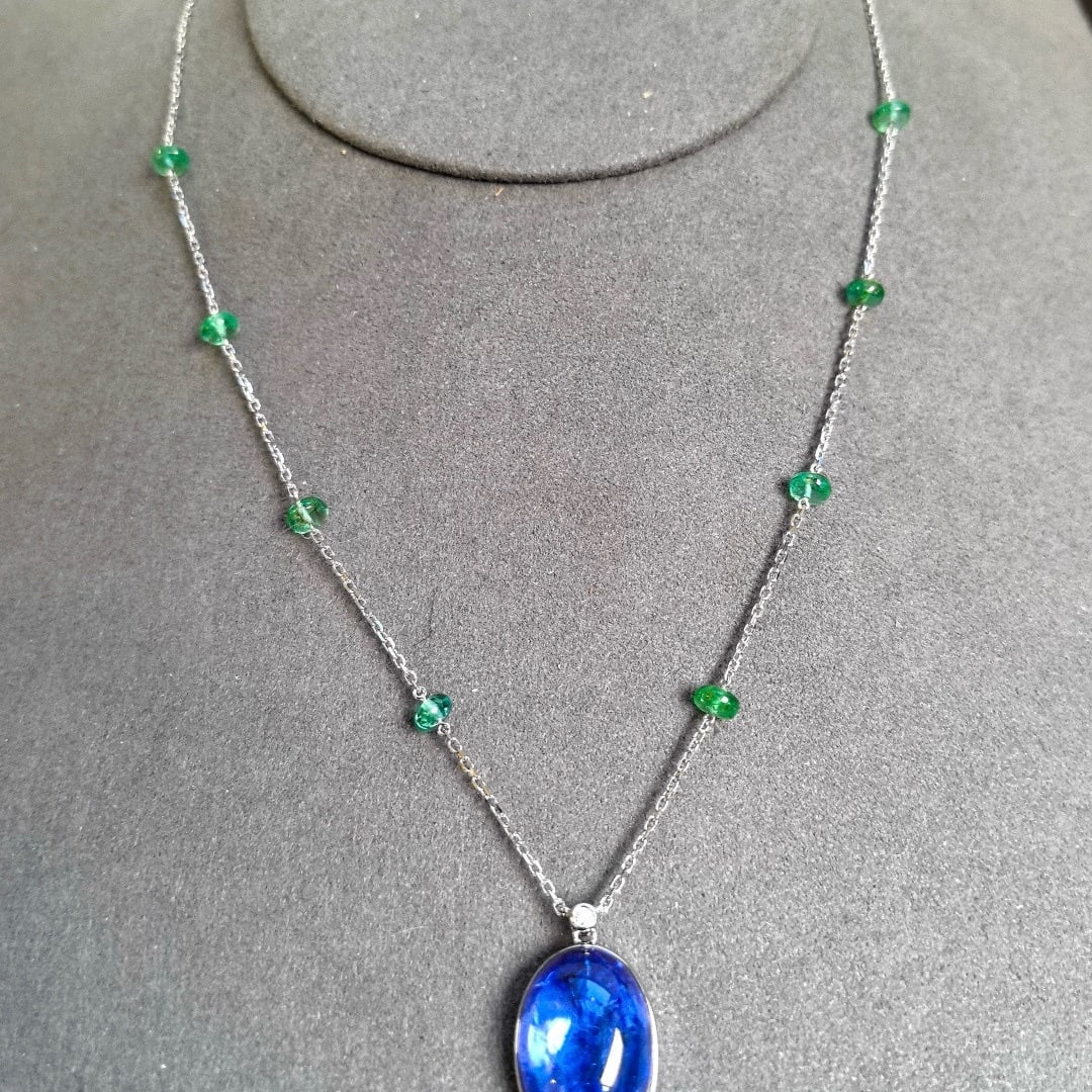 14k Gold 16.70 Ctw Natural Tanzanite & Emerald Necklace - 7