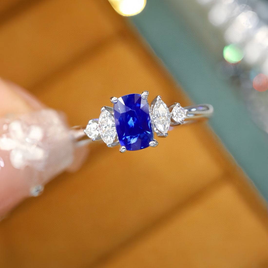 14k Gold 1.22 Ctw Natural Sapphire & Diamond Ring: Ref:231086182 // gold content:14k gold // ring size:7. 25us // // main gemstone:sapphire // shape:cushion // carat weight:1. 03ct // color:royal blue // treatment:natural // // adjacent gemstone 2 :