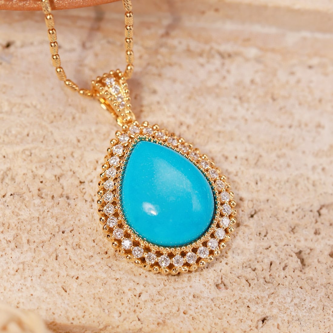14k Gold 7.83 Ctw Natural Blue Turquoise & Diamond Pendant( Without Chain ) - 2