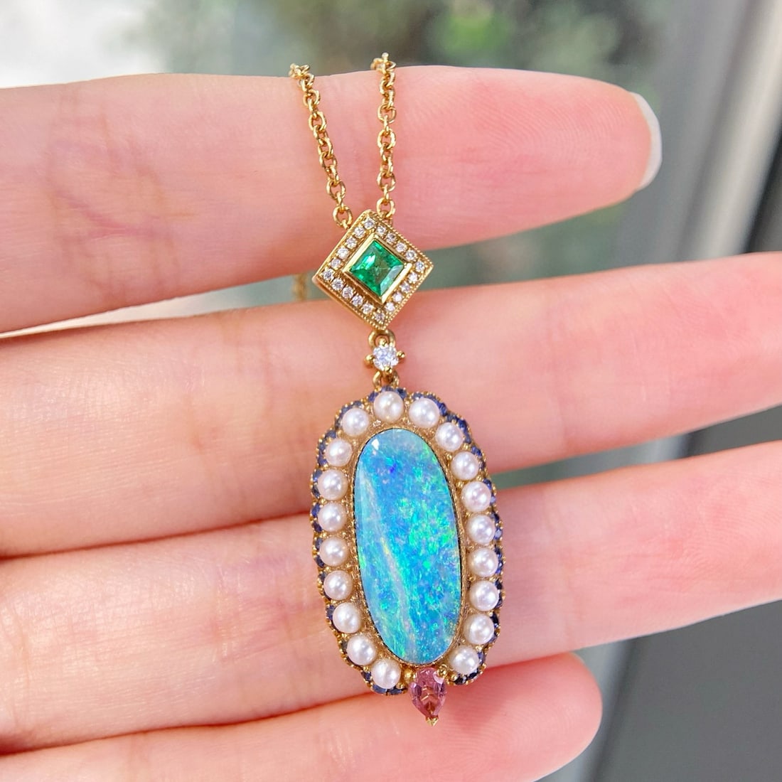 14k Gold 4.30 Ct Natural Opal & Diamond Necklace - 3
