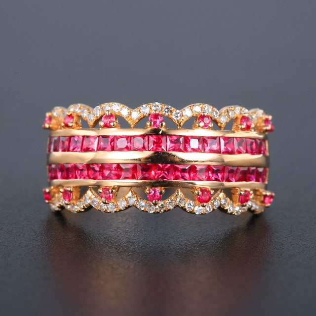 14k Gold 1.28 Ctw Natural Ruby & Diamond Ring: Ref:231087008 // gold content:14k gold // ring size:7. 25 us // // main gemstone:ruby // shape:multiple // carat weight:1. 08ct // color:red // treatment:natural // // adjacent gemstone 2 : diamond