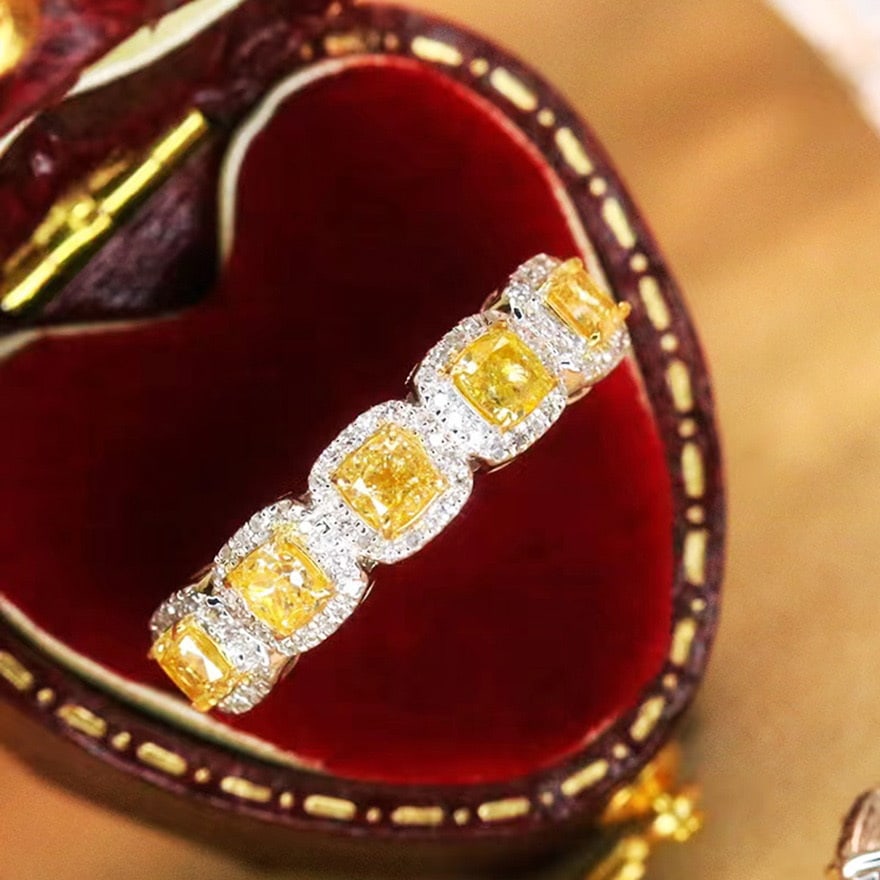 14k Gold 1.2 Ctw Natural Yellow Diamond & Diamond Ring: Ref:231087061 // gold content:14k gold // ring size:7. 25 us // // main gemstone:yellow diamond // shape:cushion // carat weight:1ct // color:yellow // treatment:natural // // adjacent gemstone 2 :