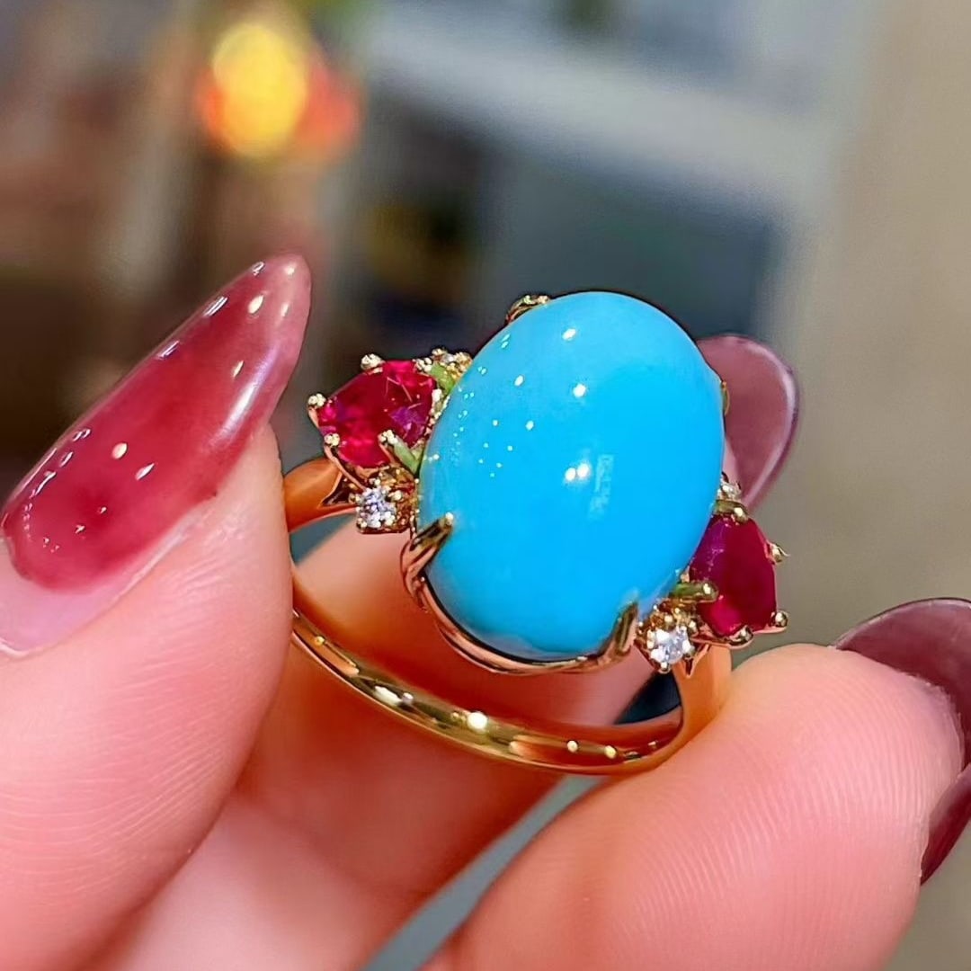 14k Gold 7.85 Ctw Natural Blue Turquoise & Ruby Ring - 2